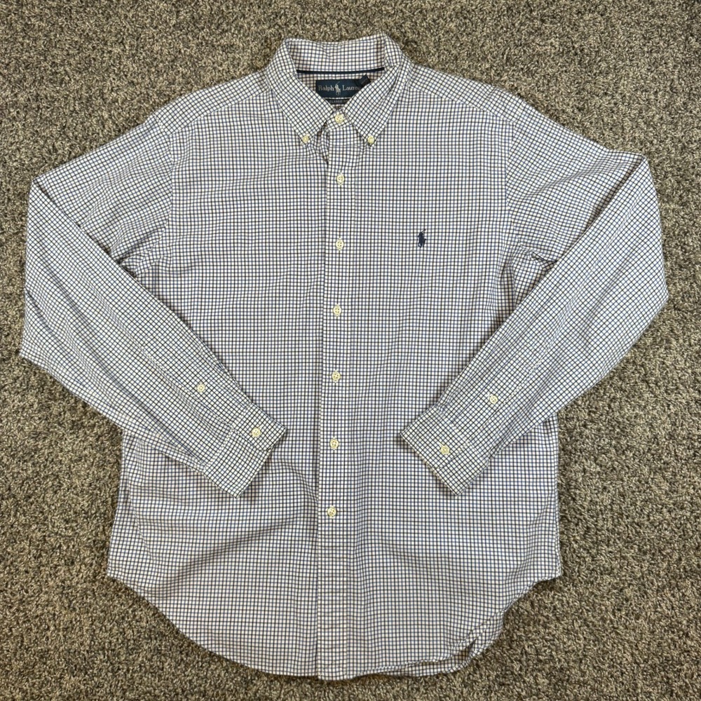 Ralph Lauren Button Down Mens Large Blue White Black Check Classic Fit Pony Logo - Picture 2 of 6